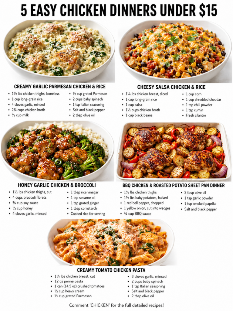 An infographic showing 5 easy chicken dinners under 15 with text overlays on budget-friendly meals and weeknight recipes