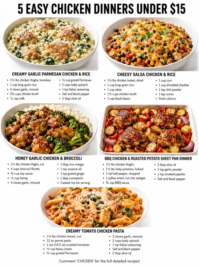 An infographic showing 5 easy chicken dinners under 15 with text overlays on budget-friendly meals and weeknight recipes