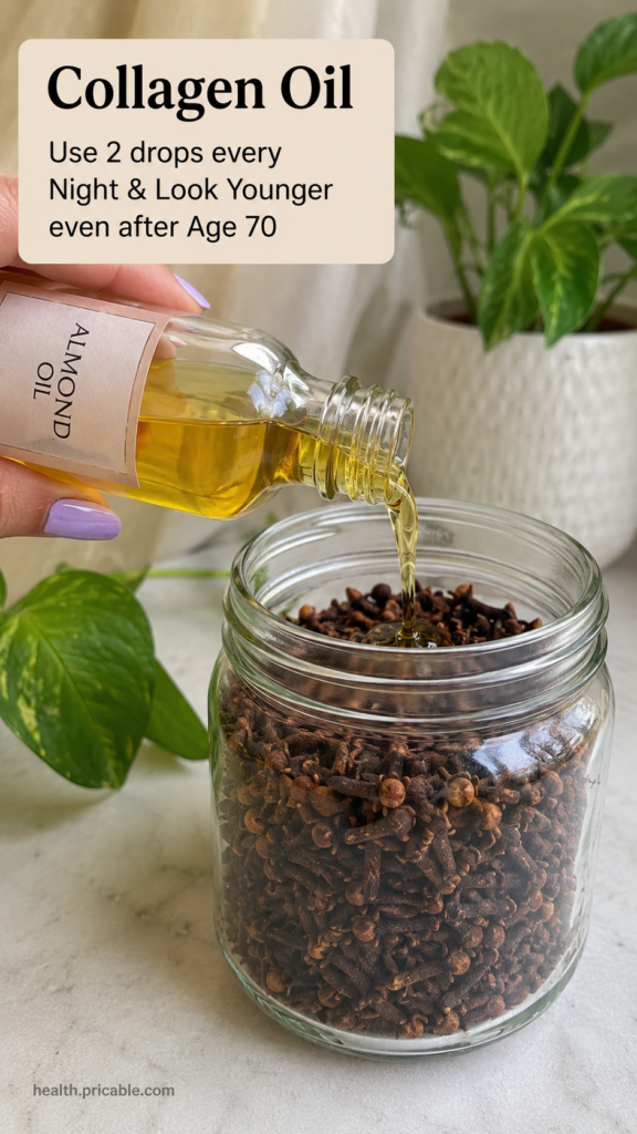 A small glass bottle filled with a light amber oil containing whole cloves against a soft natural background
