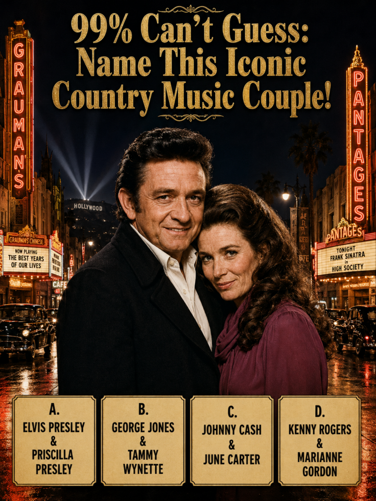 A black and white photo of Johnny Cash and June Carter Cash smiling and holding hands on stage during a performance