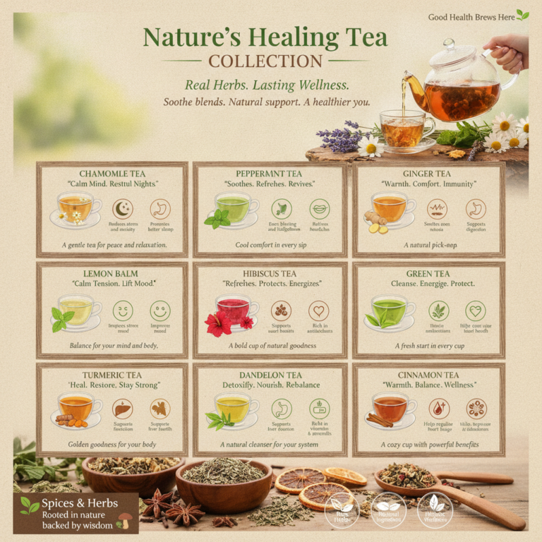 A collection of popular herbal teas including dried chamomile flowers sliced ginger root and dried hibiscus petals arran