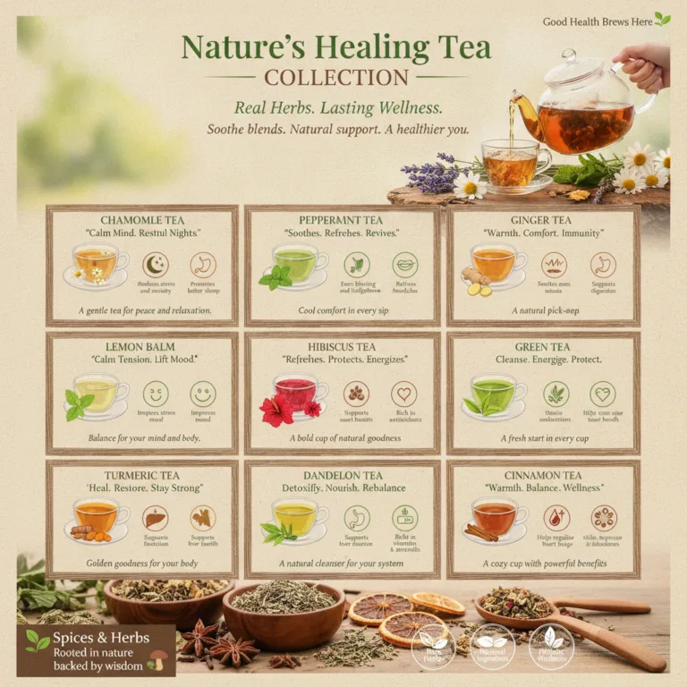 A collection of popular herbal teas including dried chamomile flowers sliced ginger root and dried hibiscus petals arran
