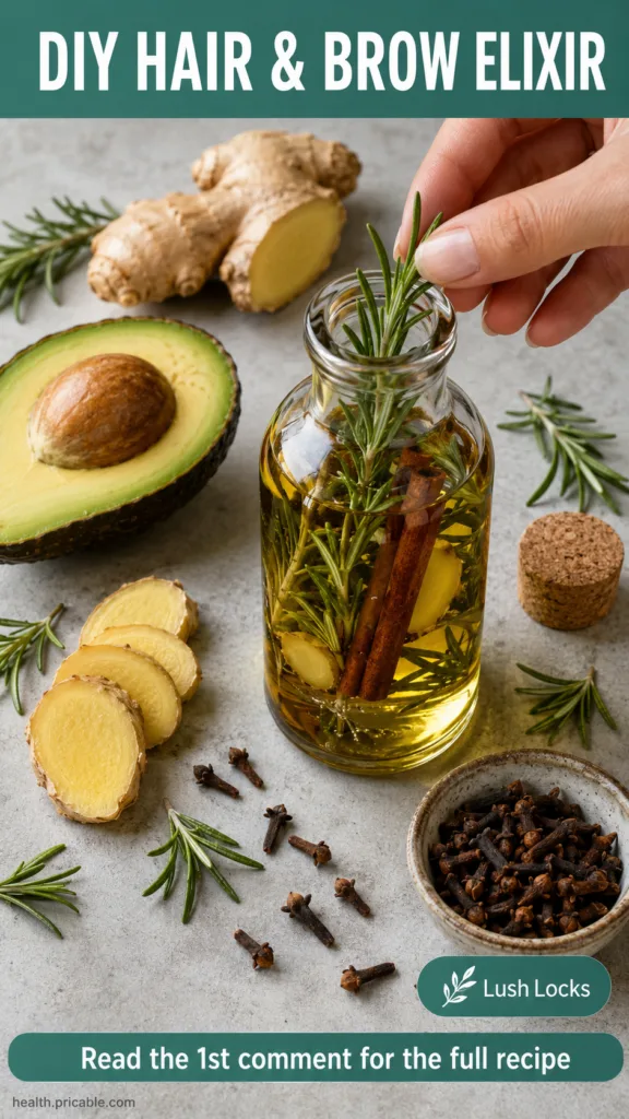 A close-up shot of fresh rosemary sprigs and sliced ginger root next to a small bottle of golden oil implying ingredient