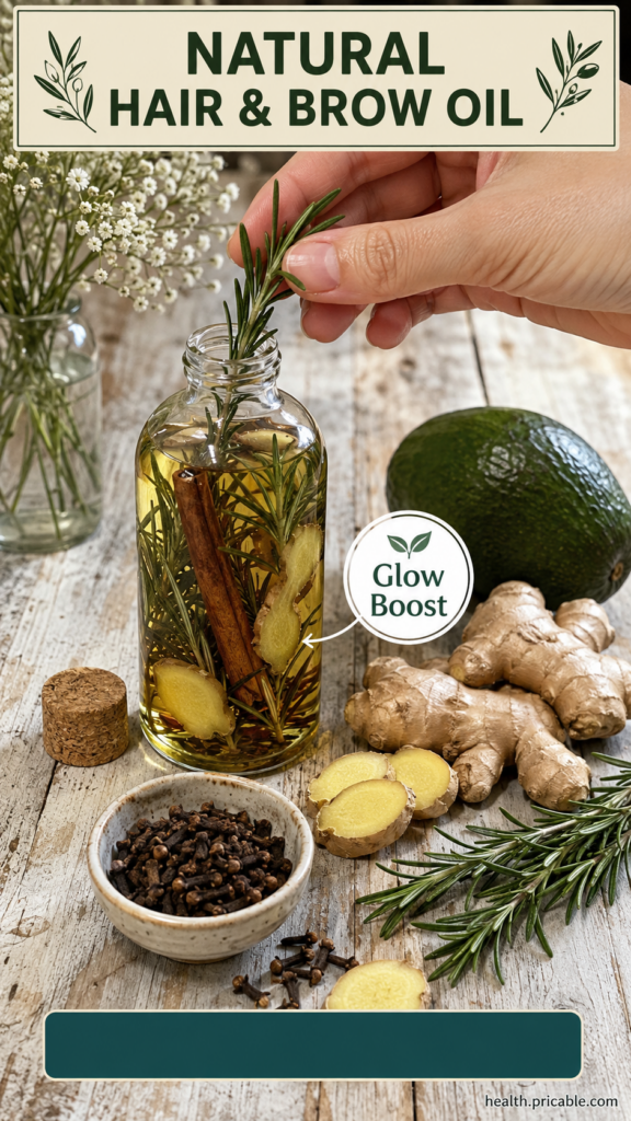 A close-up of fresh rosemary sprigs sliced ginger root and a bottle of avocado oil on a rustic wooden surface ready for 
