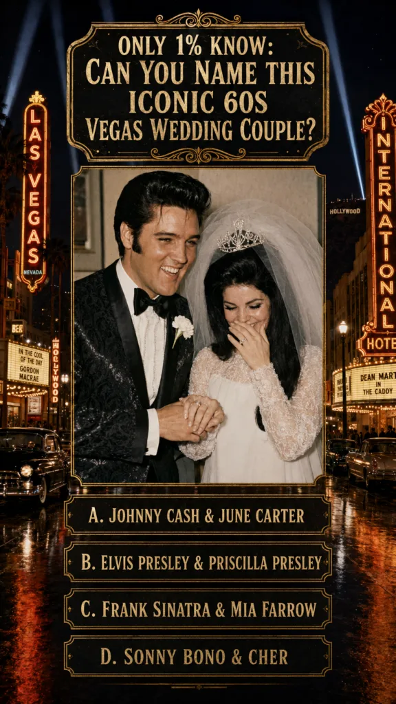 A black and white photo of Elvis Presley and Priscilla Beaulieu on their wedding day in Las Vegas 1967 Elvis is in a dar