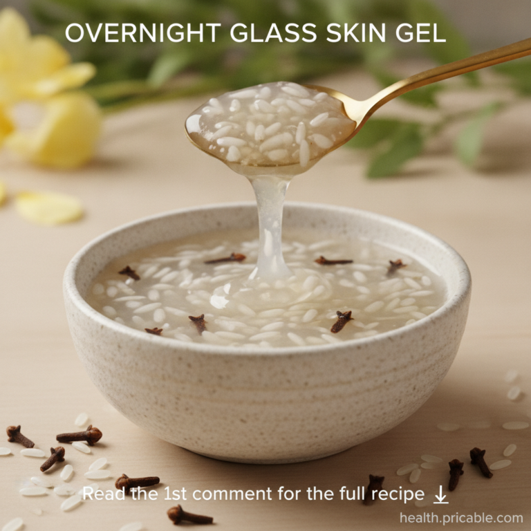 A close-up of a small glass jar filled with a smooth white translucent gel Beside it are a few grains of rice and some d