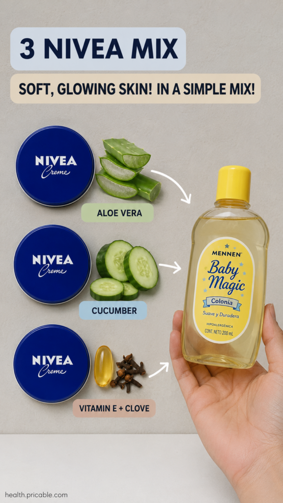 Nivea Creme jar surrounded by fresh aloe vera leaves and cucumber slices with a small bowl of mixed cream nearby