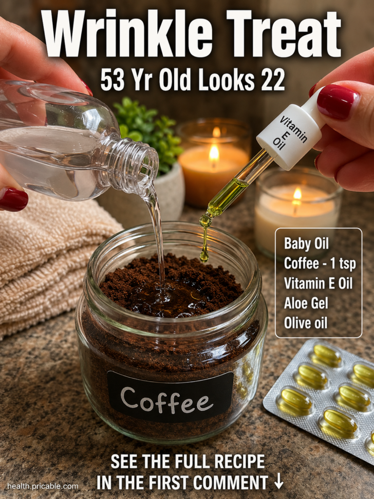 A hand holding a small bowl with a coffee grounds and oil mixture with a bottle of baby oil and a coffee cup in the blur