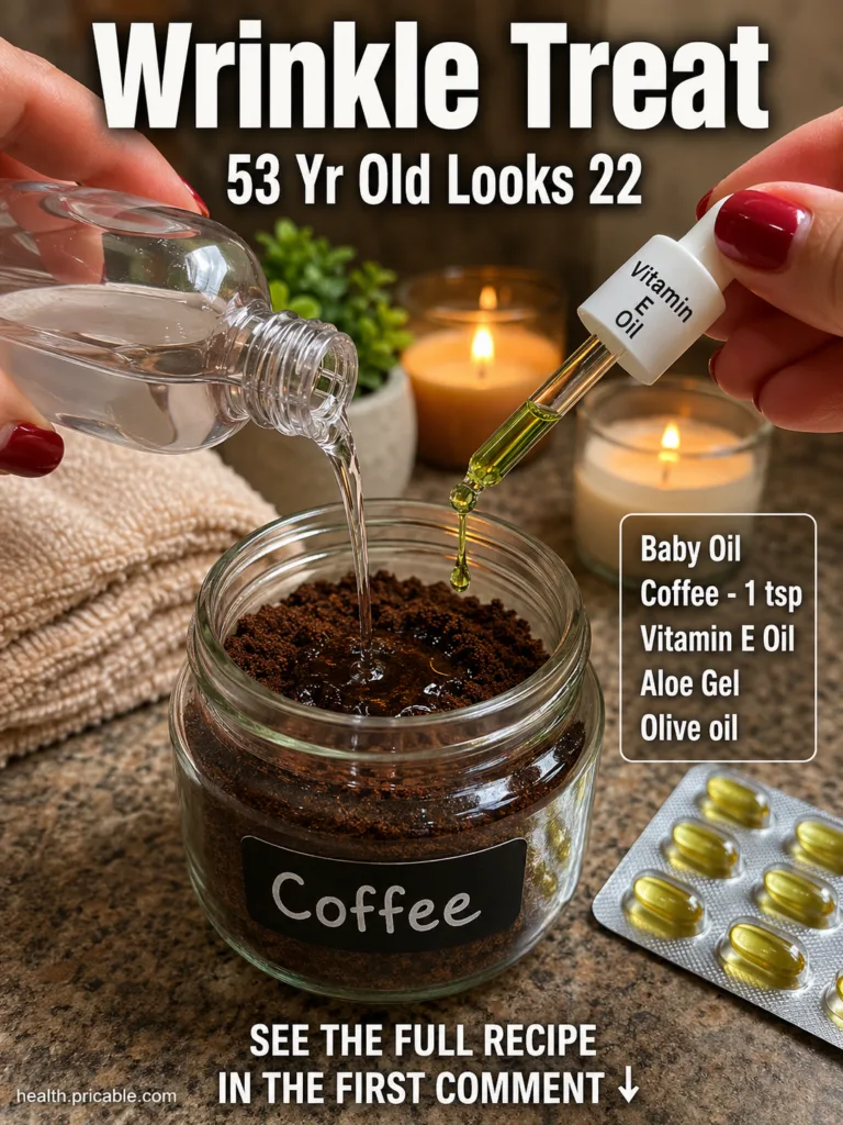 A hand holding a small bowl with a coffee grounds and oil mixture with a bottle of baby oil and a coffee cup in the blur