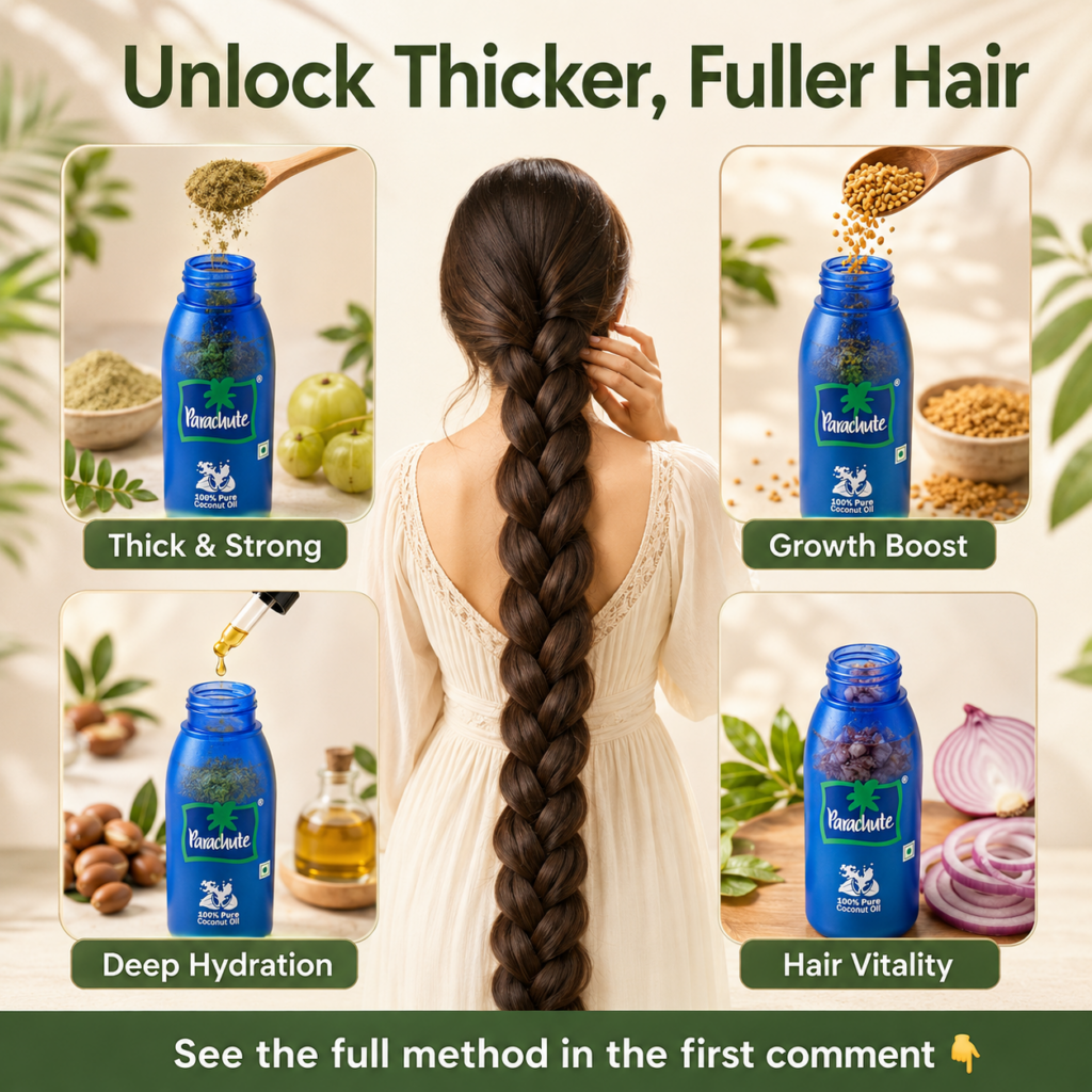 A close-up of a homemade Thick Hair Growth Oil in a glass bottle with visible natural ingredients like fenugreek seeds a