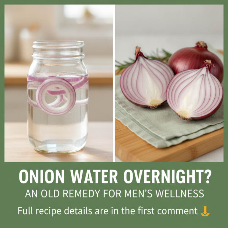 A man over 50 looking thoughtfully at a glass of water with sliced onions steeping in it on a kitchen counter early morn