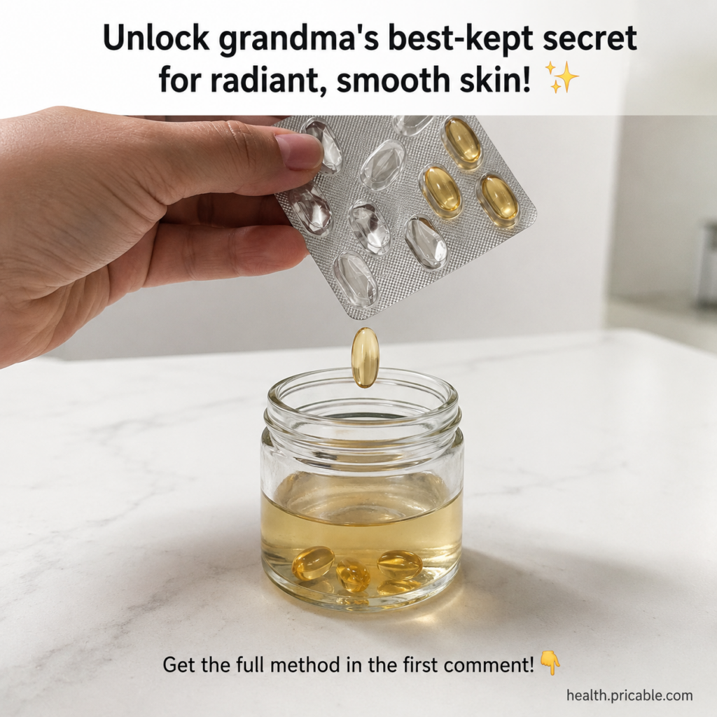 A close-up of a hand squeezing oil from a vitamin E capsule into a small bowl containing aloe vera gel and a light oil w