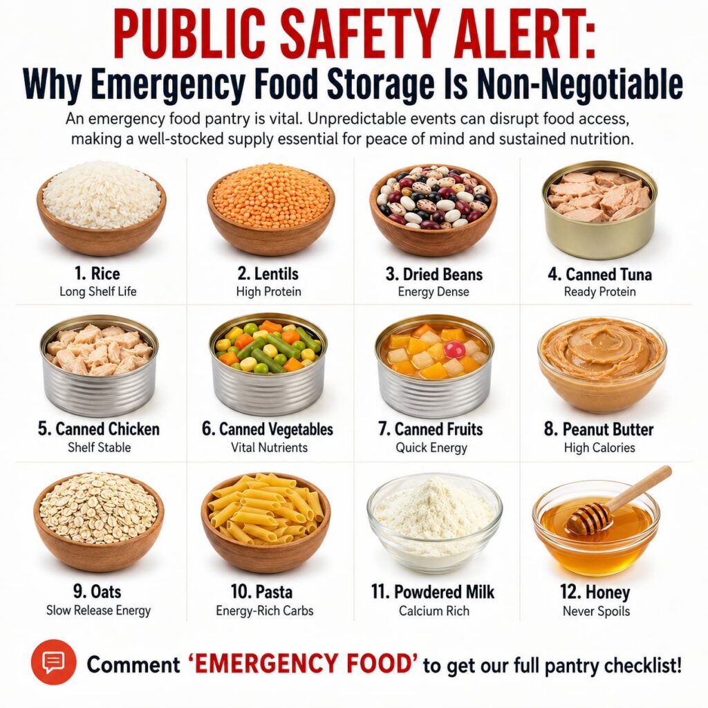 An infographic showing a well-stocked emergency food pantry with 12 distinct categories of non-perishable foods The pant