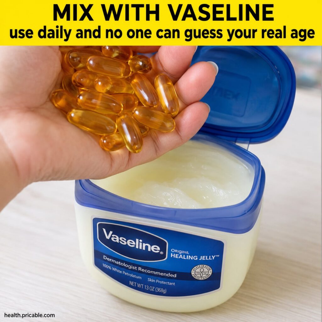 A small jar of Vaseline a softgel Vitamin E capsule and a small mixing spoon or spatula arranged on a clean simple backg