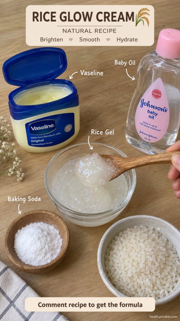A beautiful jar of homemade rice glow cream with a small spoon beside it on a natural wooden surface