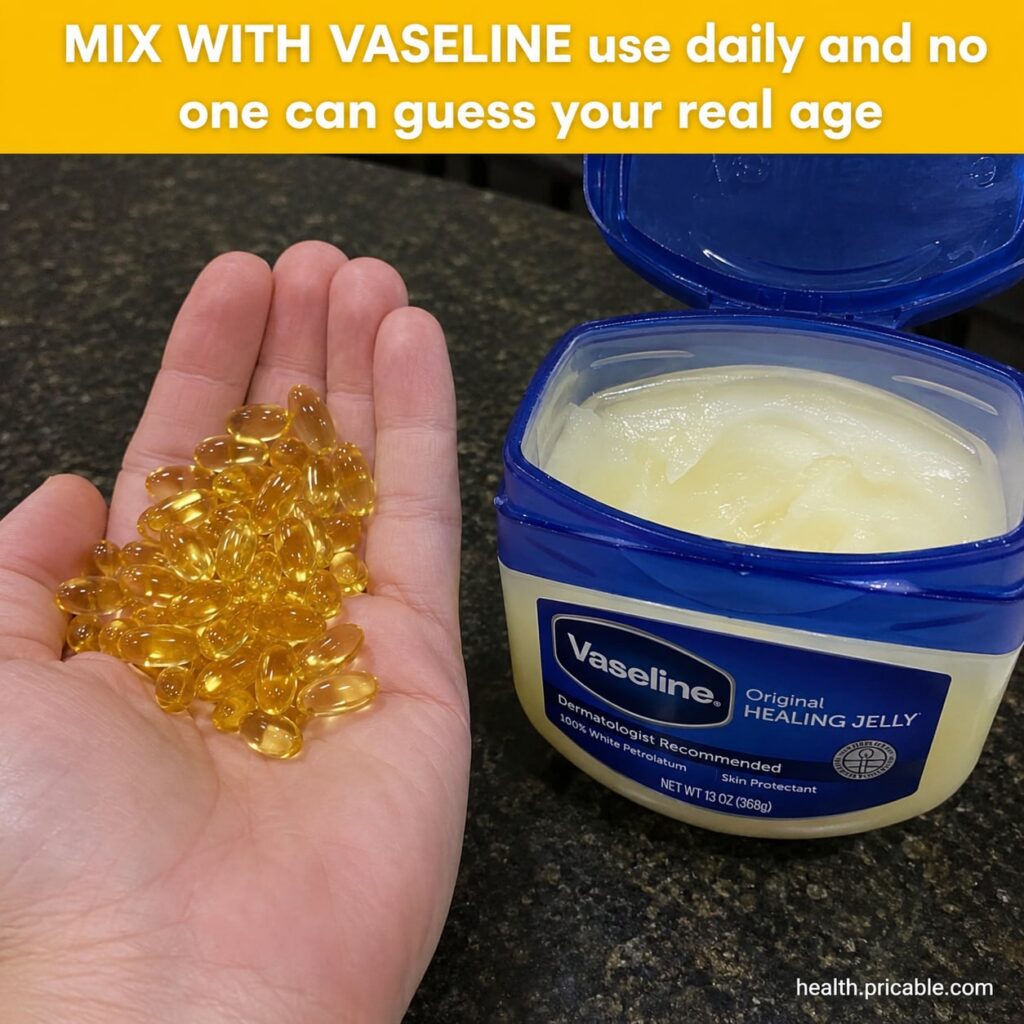 A small open jar of Vaseline next to several golden beauty capsules on a clean light surface suggesting a DIY beauty mix