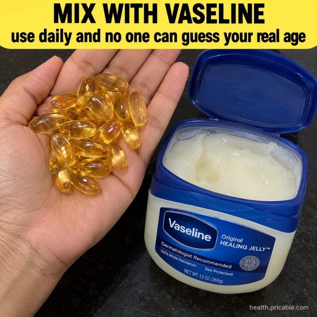 A small glass jar filled with a creamy white balm with a tub of Vaseline and several vitamin E capsules beside it on a c