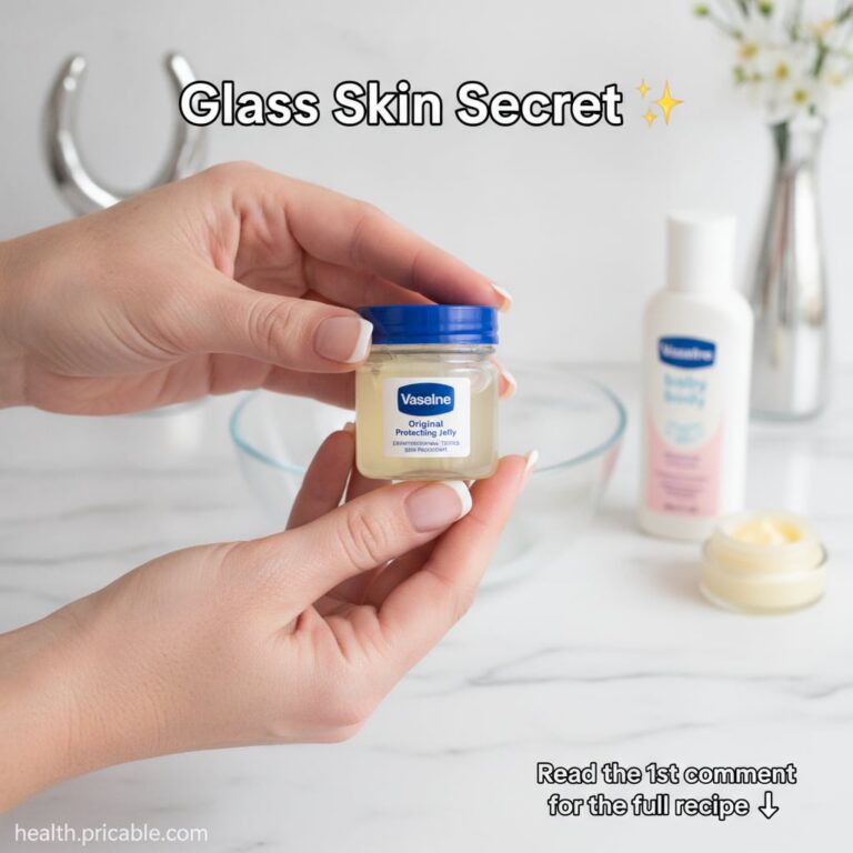 A small open jar of Vaseline petroleum jelly on a clean white surface with a soft dewy glow effect in the background