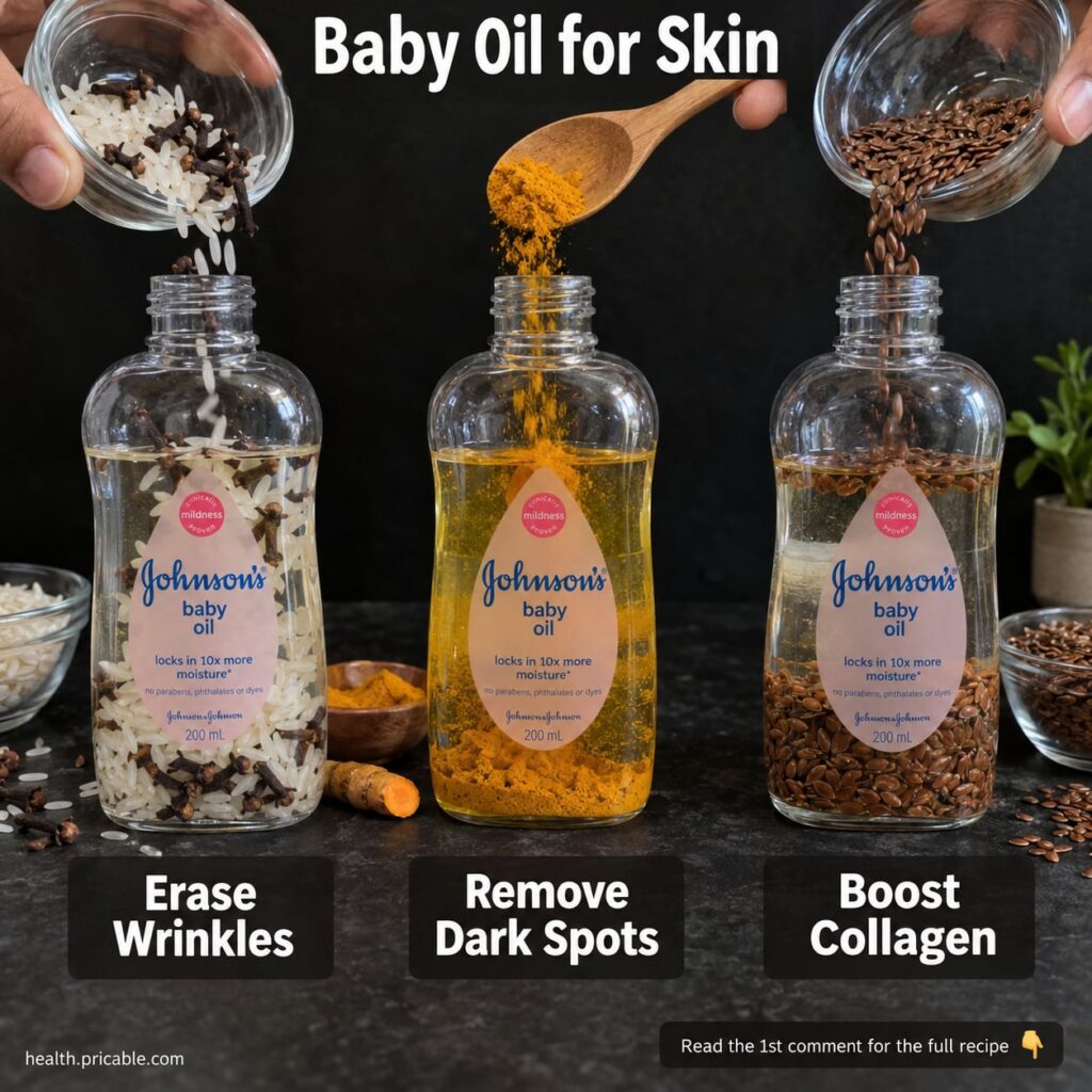 A small glass dropper bottle filled with a golden oil blend surrounded by a bottle of baby oil rosehip oil and vitamin E