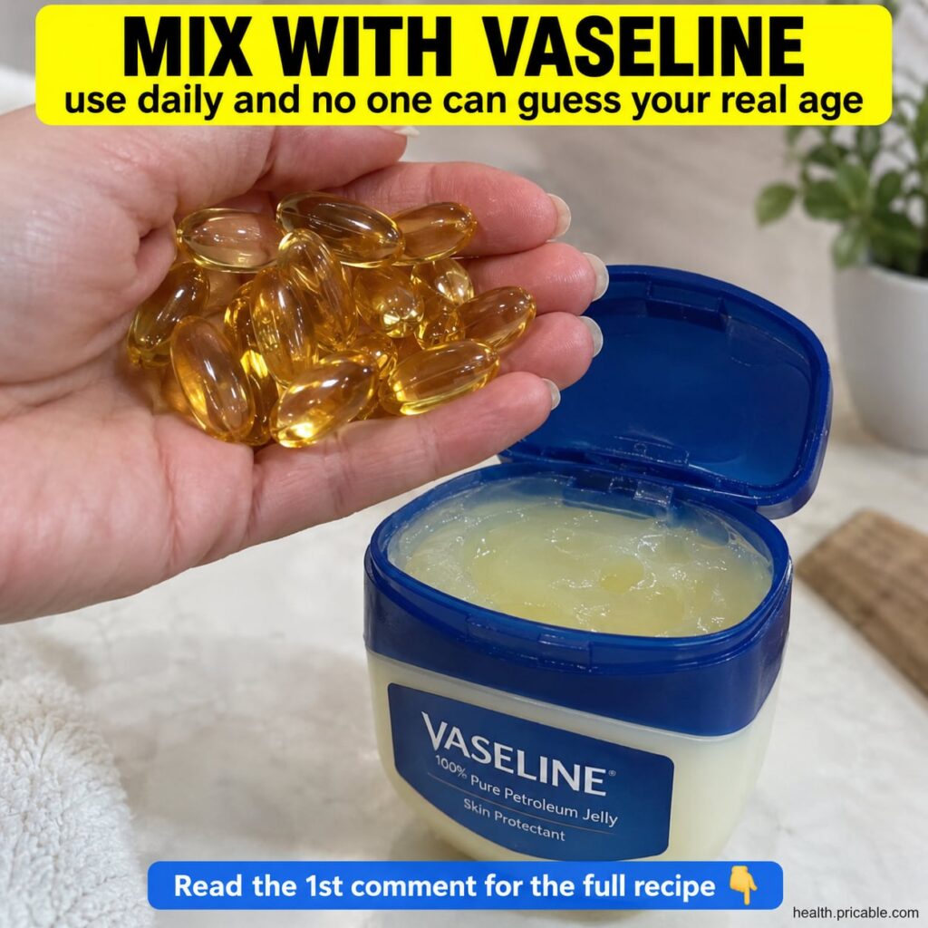 A small clear glass jar filled with a creamy yellowish DIY beauty balm with a tube of Vaseline and a few golden Vitamin 