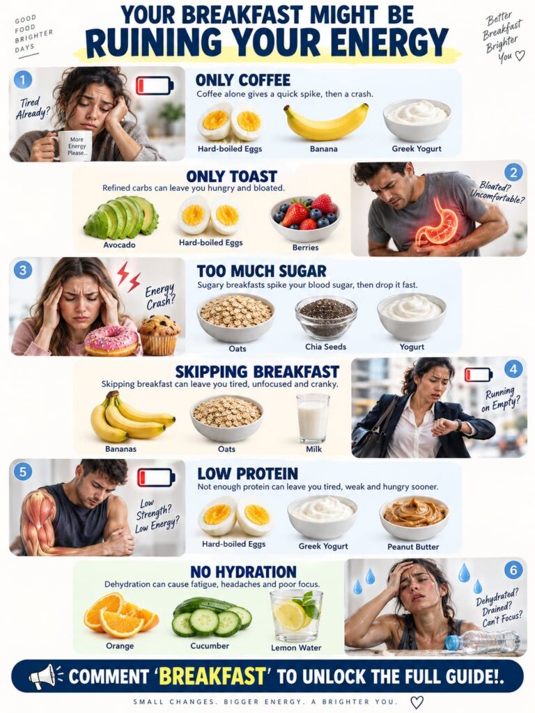 An infographic showing common breakfast mistakes on one side e g sugary cereal no breakfast and healthy fixes on the oth