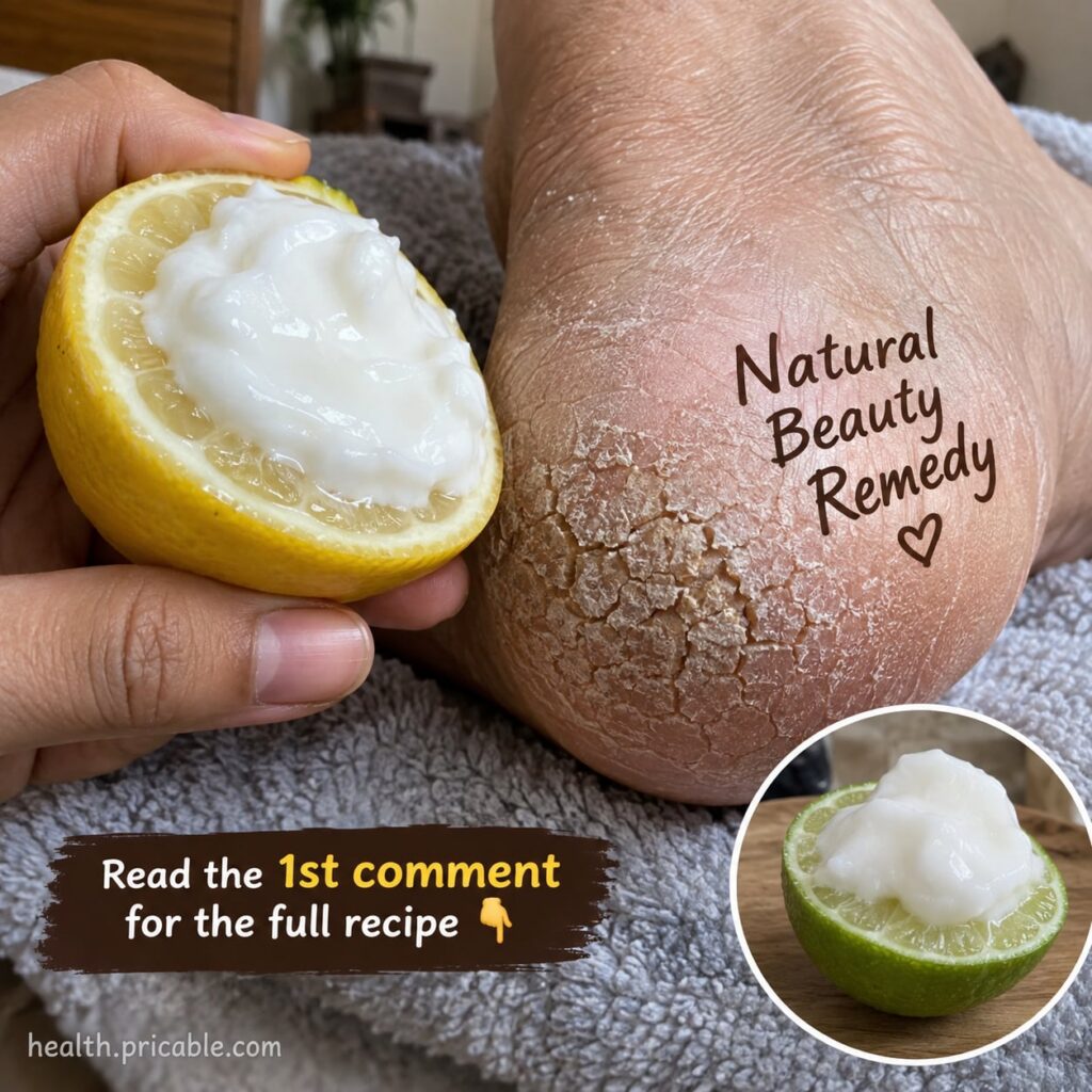 A close-up of a foot with rough dry cracked heels with a soft blur indicating a before and after effect showing smoother