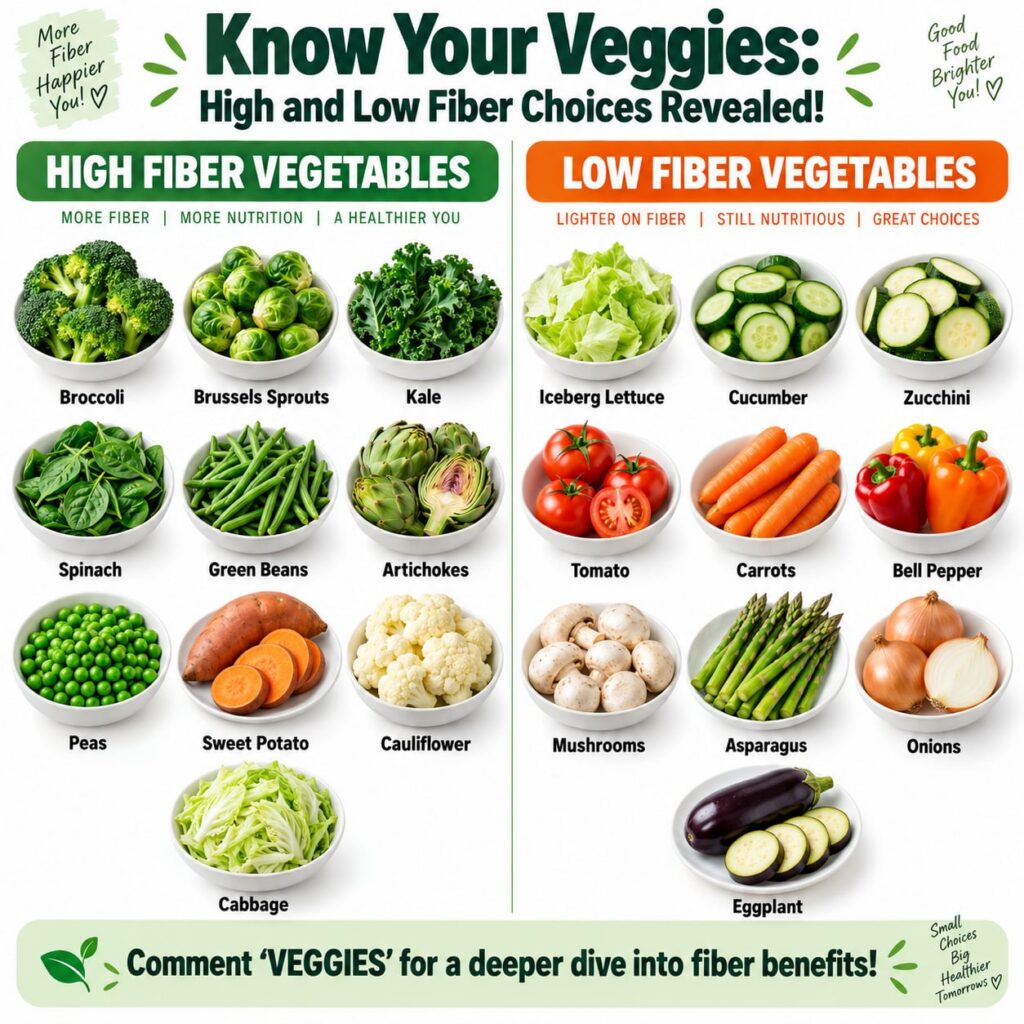 An infographic comparing high-fiber and low-fiber vegetables visually categorizing them with examples and icons