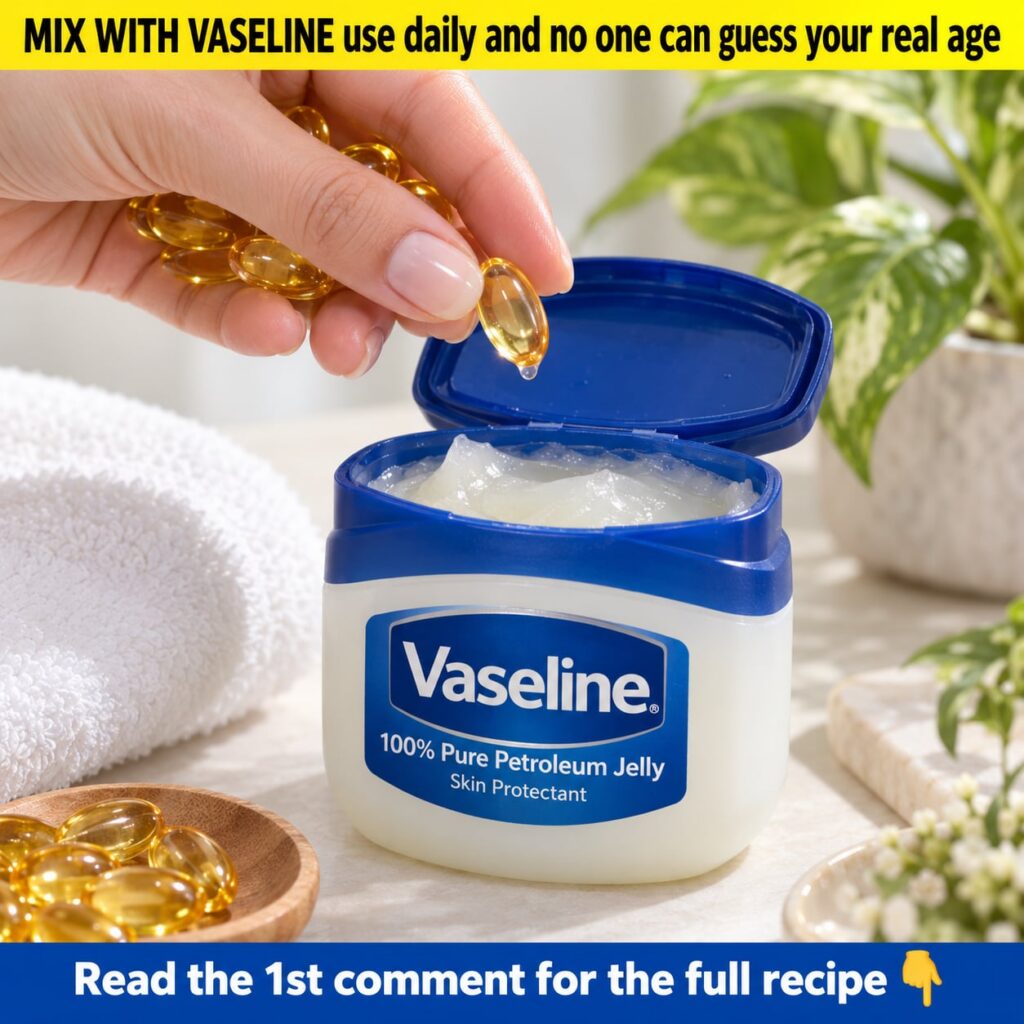 A small clear jar of Vaseline next to several golden vitamin E capsules with a mixing spoon and a small bowl on a clean 