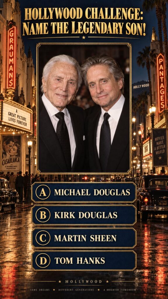 A quiz image showing a father-son duo Kirk Douglas and Michael Douglas with a question about identifying the son