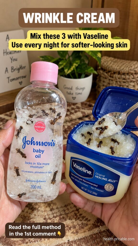 A small glass jar of homemade Vaseline and baby oil balm on a wooden surface with a small spoon beside it The texture is