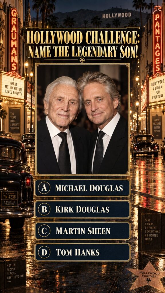 An iconic photograph of Kirk Douglas and his son Michael Douglas together showing their strong resemblance and the gener