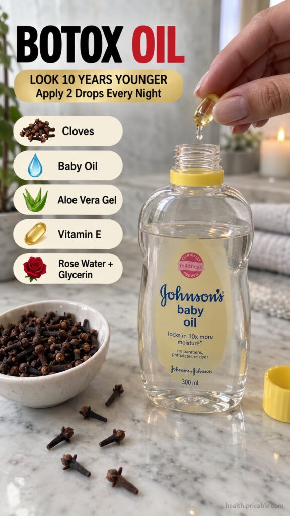 A small glass dropper bottle labeled Botox Oil with a blend of baby oil vitamin E and cloves placed on a clean white sur