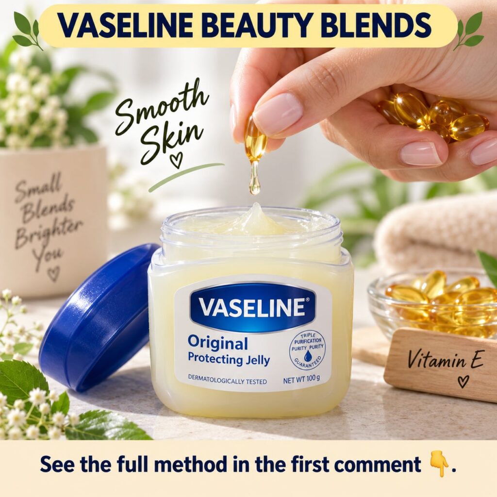 A person s hand mixing petroleum jelly Vaseline from a jar with the liquid from a clear Vitamin E capsule in a small ele