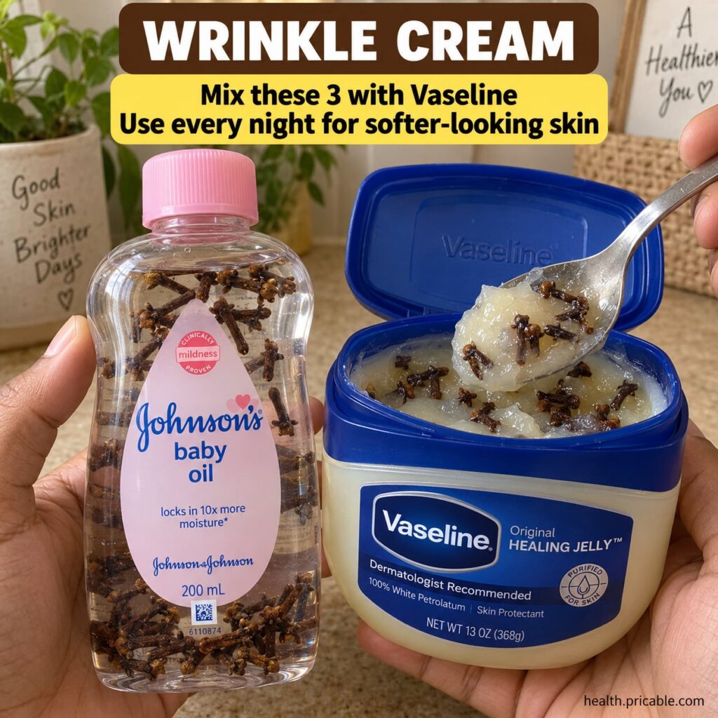 Ingredients for a homemade Vaseline wrinkle cream including a jar of Vaseline a small bottle of almond oil and vitamin E