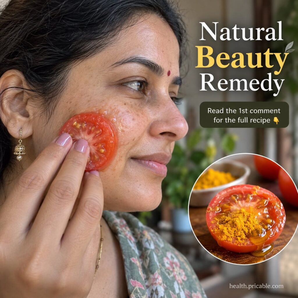 A fresh ripe red tomato cut in half on a wooden cutting board with a small bowl of honey and yogurt nearby suggesting in