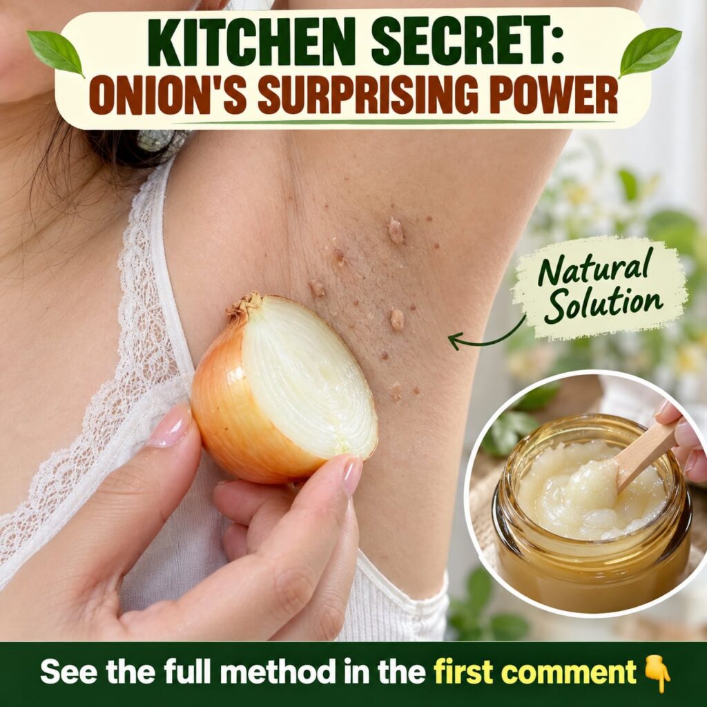 A sliced onion on a wooden cutting board next to a small bowl of natural ingredients implying a DIY beauty recipe