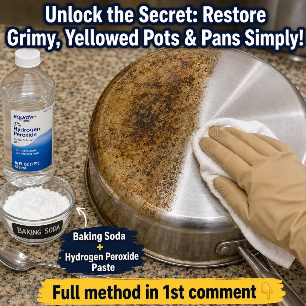 A stained pot with baking soda and hydrogen peroxide being applied to it