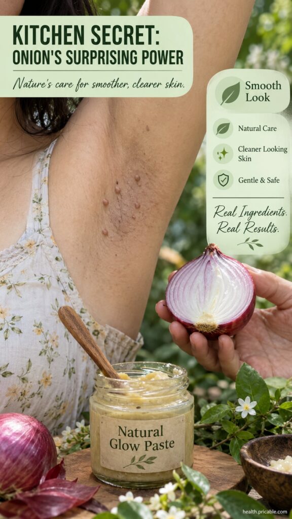 A close-up of a sliced red onion and a small bowl of onion juice with soft focus on underarm skin in the background
