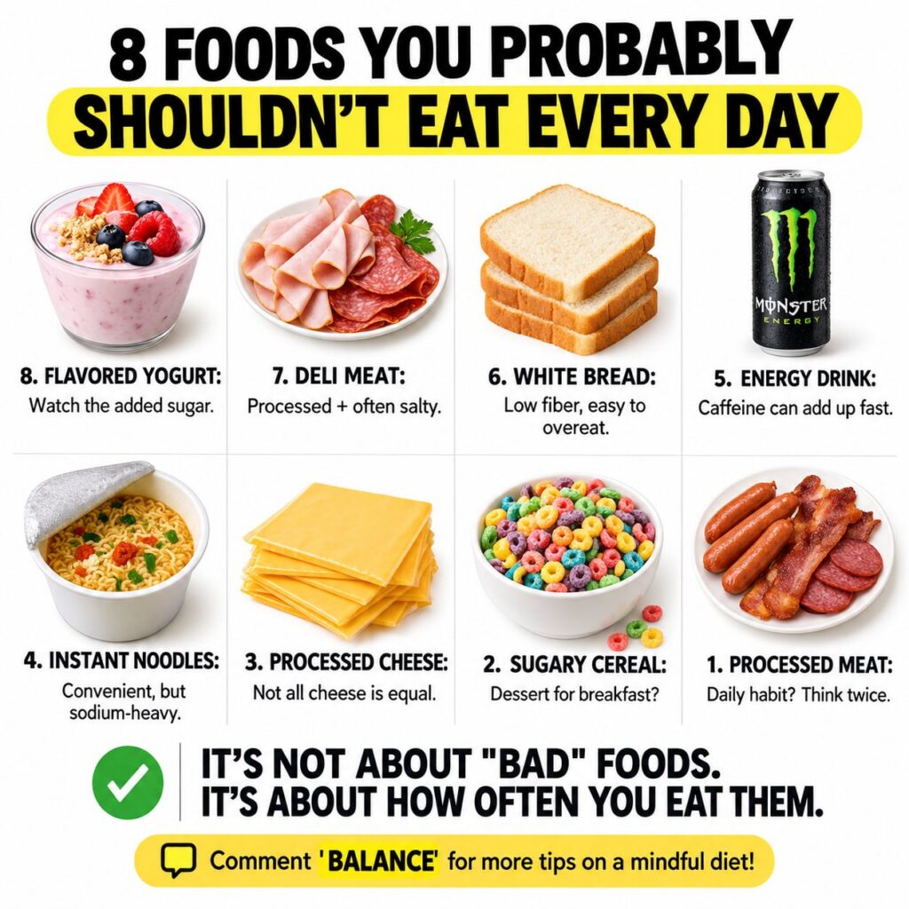 An infographic-style image showing eight different common foods like soda chips white bread processed meat with a graphi