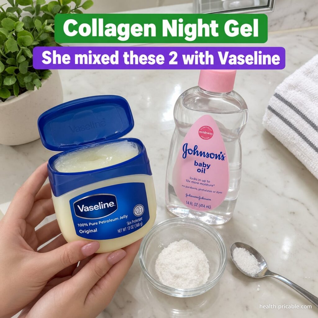 A small bowl with a creamy mixture of Vaseline and baby oil ready to be applied next to the original containers of Vasel