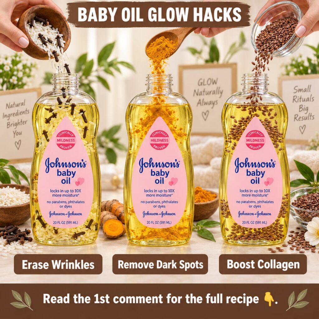 A bottle of baby oil next to small bowls containing turmeric powder white rice grains whole cloves and flax seeds on a l