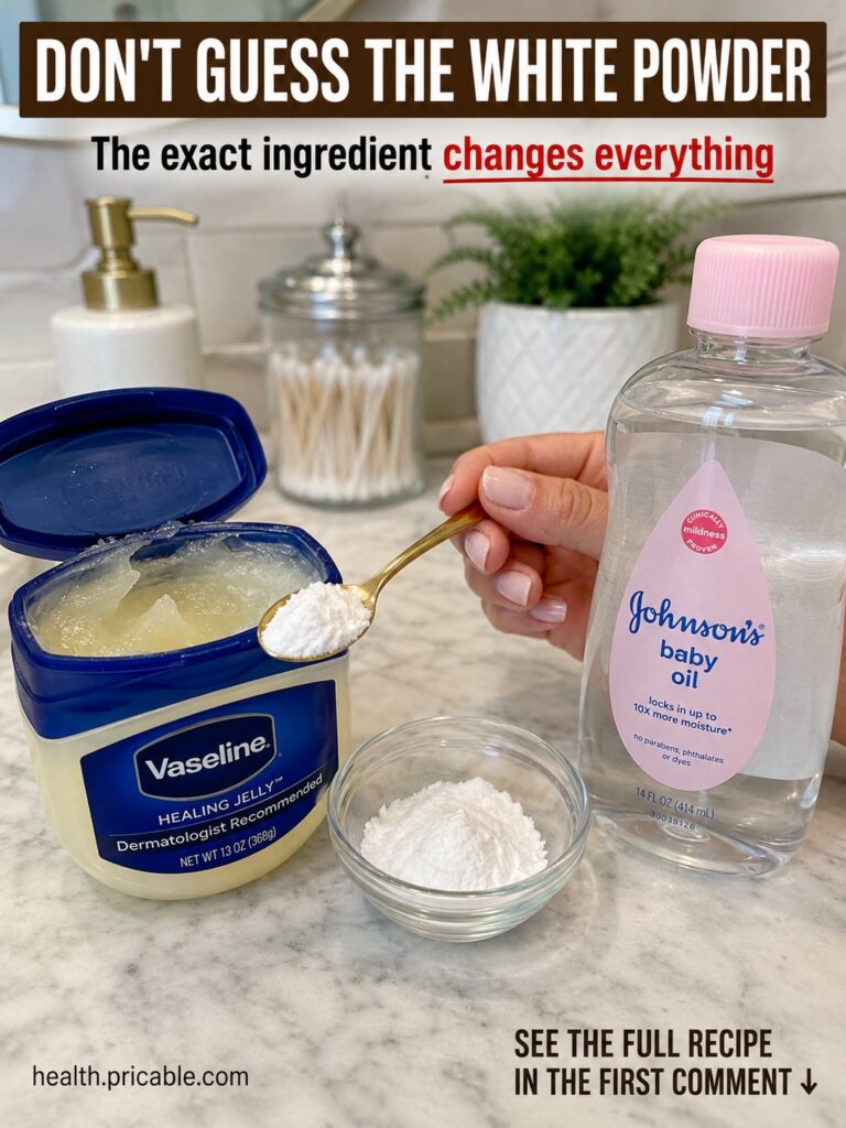 A close-up shot of a small glass jar filled with a creamy white homemade night cream Next to it are a tube of Vaseline a