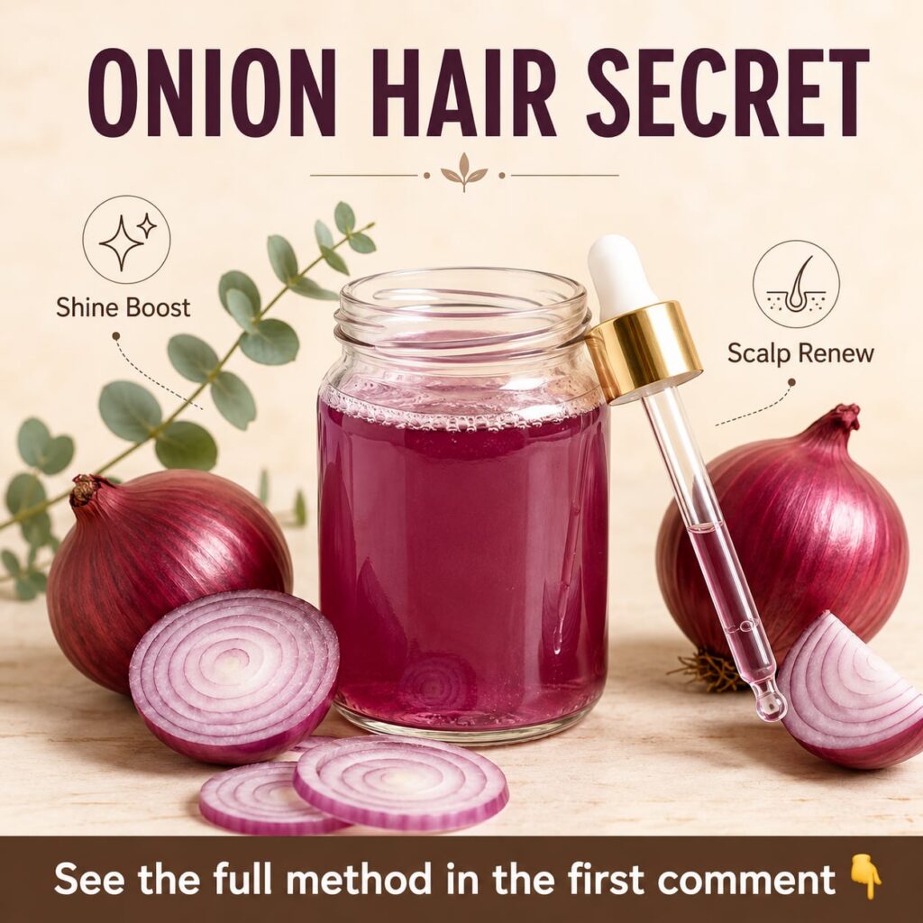 A close-up shot of an onion cut in half with some onion slices and a small bowl of clear liquid representing onion water
