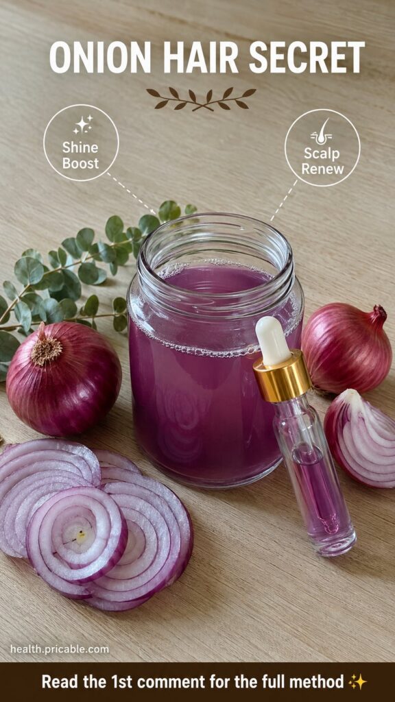 A close-up of a red onion on a wooden cutting board with a blurred background of a kitchen or ingredients The onion is w