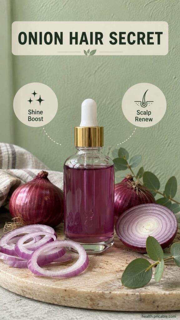 A sliced onion on a wooden cutting board with a small bowl of onion juice representing the Onion Hair Secret
