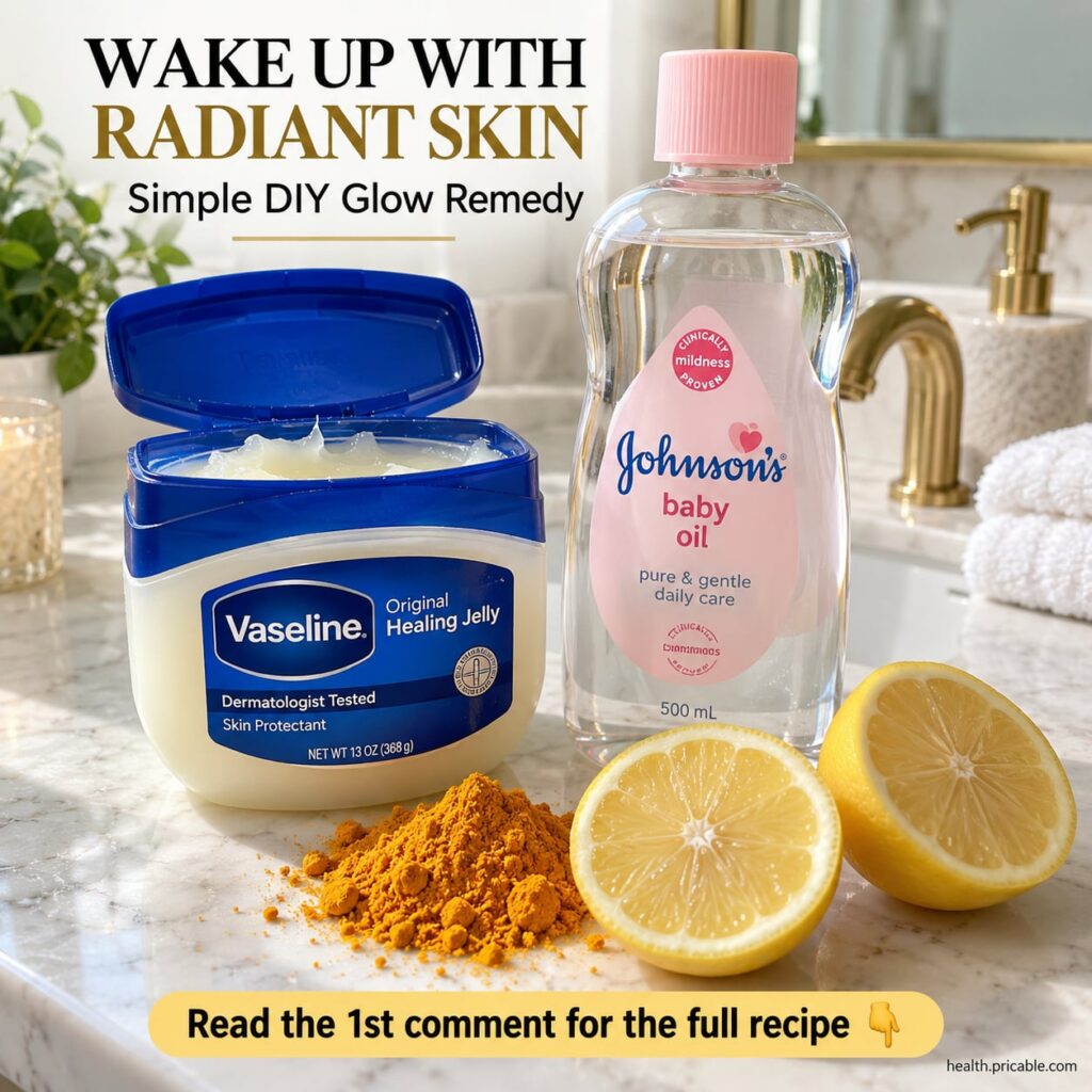 Ingredients for an overnight glow remedy including a jar of petroleum jelly a bottle of baby oil a small bowl of turmeri