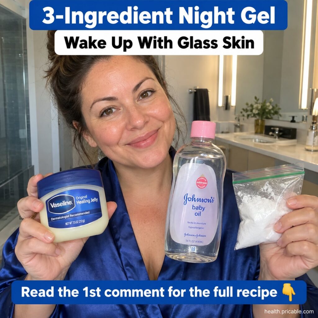 A close-up of a small glass jar filled with a clear shimmering night gel surrounded by fresh aloe vera leaves a small bo