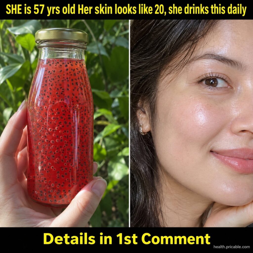 A vibrant green smoothie with berries on top in a clear glass suggesting a healthy beauty drink
