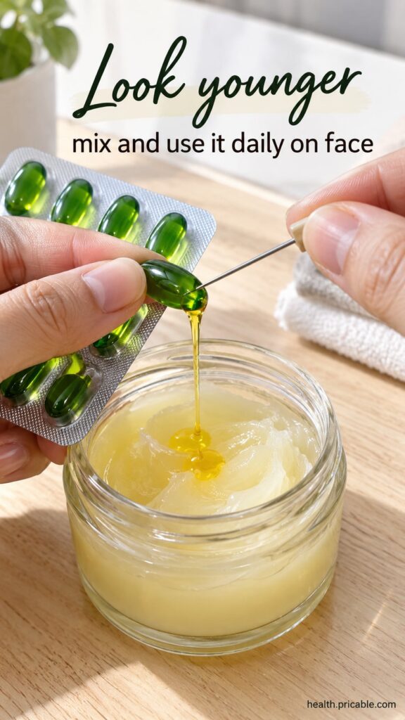 A green beauty capsule next to a dollop of white face cream with a finger gently mixing their contents on a small clean 