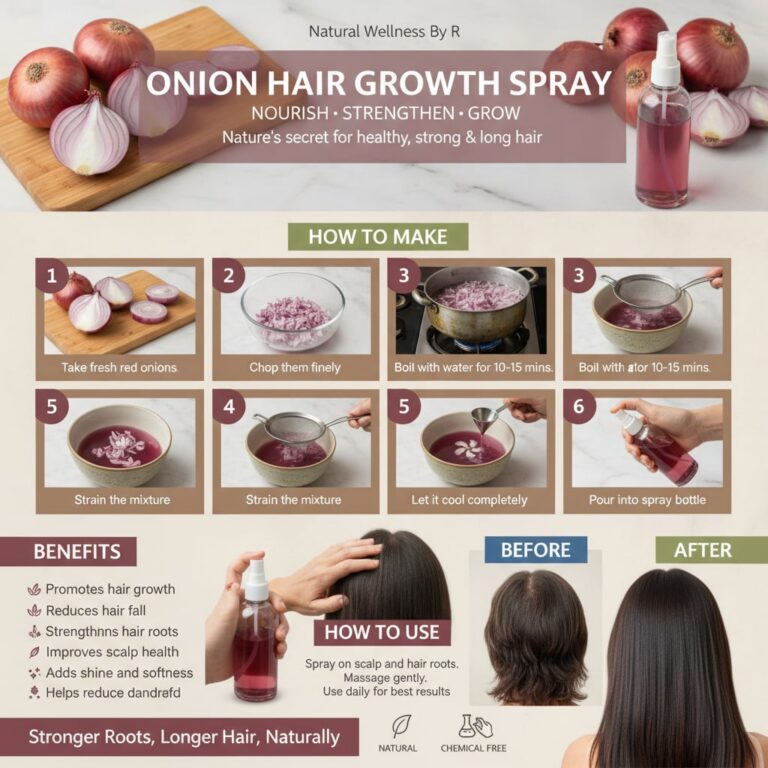 A clear spray bottle filled with a light amber liquid representing onion hair spray held by a hand Fresh red onions and 